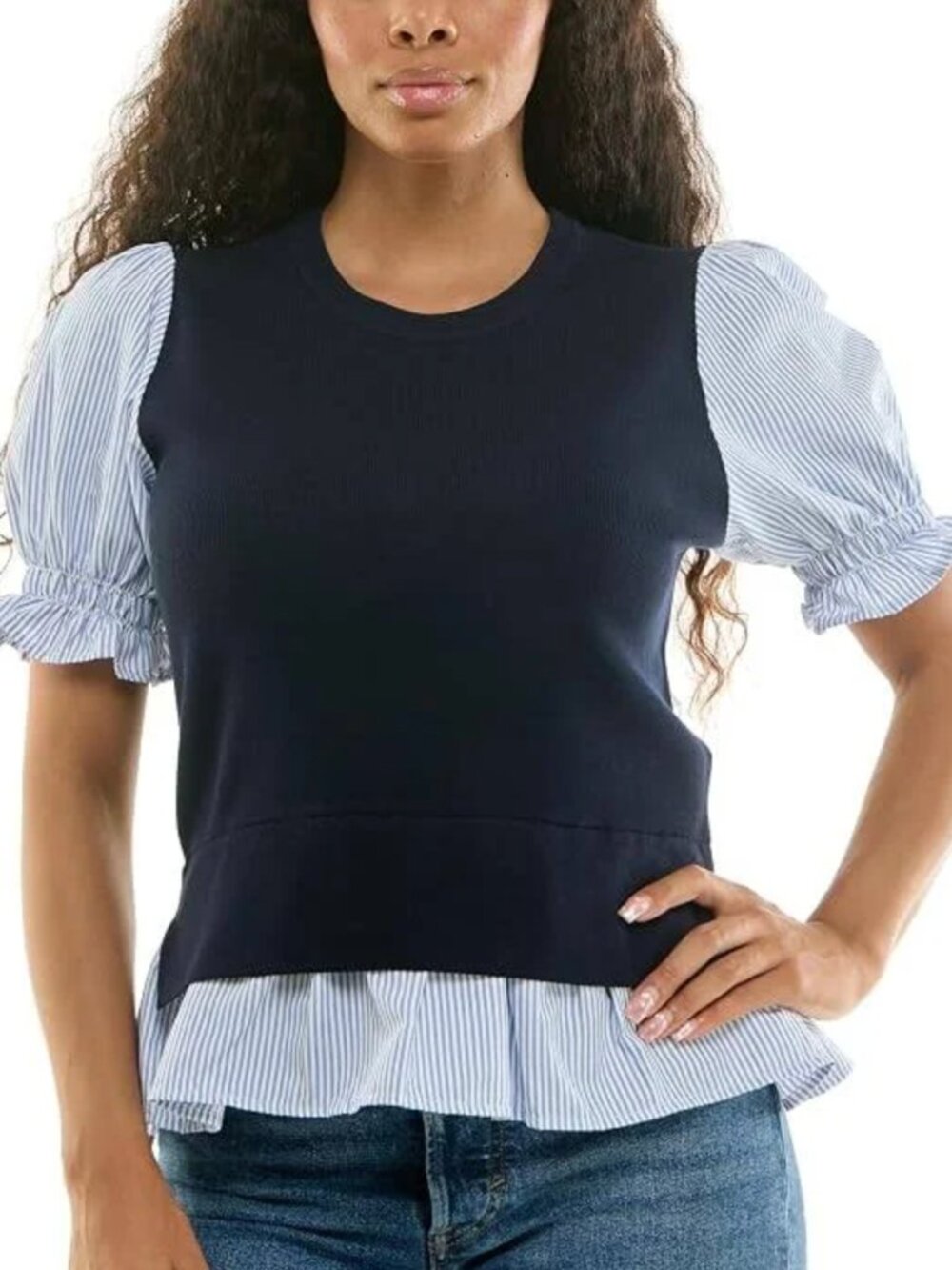 Nanette Lepore Navy Short Sleeve Layered Sweater Poplin Puff Sleeve Top M